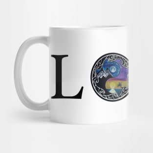 Wanderlust Love black graphx yin yang zen mountains and oceans Mug